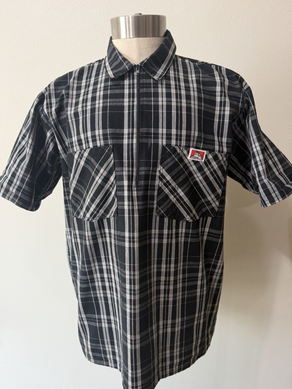 Ben Davis Men’s Half Zip Black White Plaid Short Sleeve Shirt XL
